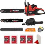 BU-KO 65cc Petrol Chainsaw, 3.89HP Engine, 20 Inch and 16 Inch Chain Bar with 2 Chains, Top Handle Chain Saw, Carry Bag, Safety Gear, for Firewood Tree Cutting