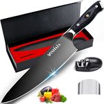 MOSFiATA 8inch Super Sharp Titanium Plated Chef's Knife for Kitchen with Finger Guard and Knife Sharpener in Gift Box, High Carbon German Stainless Steel EN1.4116 Titanium Coated Stylish Cooking Knife