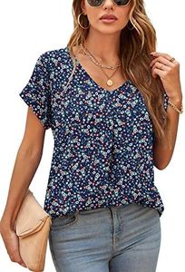 Yommay Blusas para mujer, cuello en V, blusas de gasa para verano, camisetas casuales de manga corta, Flor azul marino, XL