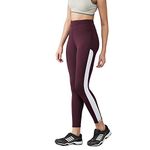 BLINKIN Stretchable Gym Tights & Leggings for Women Workout, High Waist, Tummy Control & Squat Proof Active Wear Yoga Pants (9150_Color_Maroon with White Stripes,Size_L)