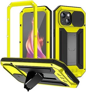 iPhone 15 Plus Yellow Phone Case Aluminum Gorilla Case With Built-In Tempered Glass & Lens Protection with Built-In Kickstand Tough Protective Case Cover for iPhone 15 Plus.