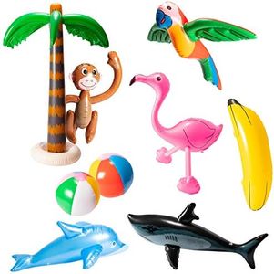 R HORSE 9Pcs Inflatable Palm Tree Flamingo Banana Beach Ball Parrot Monkey Shark Dolphin Beach Pool Toys for Tropical Hawaiian Luau Party Summer Pool Beach Party Outdoor Indoor Decorations