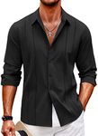 COOFANDY Mens Cuban Guayabera Shirt Casual Button Down Shirts Long Sleeve Summer Beach Shirts, Black, Large