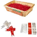 ADEPTNA Premium Wicker Gift Hamper Create your Own Festive Present – Includes Smooth Rectangle Basket Ribbon Wood Wool and Cellophane Beg (NATURAL)