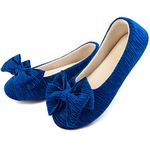 ULTRAIDEAS Women’s Velvet Ballerina Slippers, Lightweight House Shoes with Bow and Indoor Anti-Skid Soft Rubber Sole (Large, 9-10, Blue)