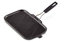 Le Creuset Enamelled Cast Iron Large Rectangular Grill Pan, With Folding Handle, For Low Fat Cooking On All Hob Types Including Induction, 24cm Matte Black, 20049000000400