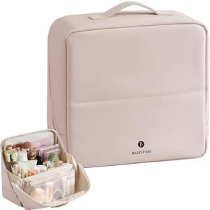 tianzong Travel Makeup Bag with Magnetic Fold-Down Flap, Waterproof Leather Cosmetic and Toiletry Organizer for Women, Multi-Zone Standing Storage, Dusty Rose, X-Large