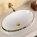 LACTOSE European Ceramic White Golden Glossy Oval Wash Basin for Counter Top (24 x 16 x 6 IN) Elegant Polished Finish for Bathroom & Living Room | Table Top Ceramic Kitchen Sink | Outdoor & Indoor