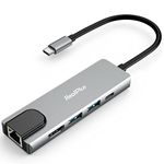 USB C Hub, RealPlus 5 in 1 Type C Multiport Adapter with 100M Ethernet Port, 4K@30Hz HDMI Port, 2 USB Ports and 87W Power Delivery Port for MacBook Pro, Chromebook, Pad, and USB C Devices