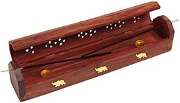 raajsee Beautiful Handmade Wooden Brown Incense Stick Holder Burner Storage Coffin Box - Ash Catcher with Brass Inlay -Home Utilities & Accessories -Meditation -Great Gift for Any Occasion 12x2 inch