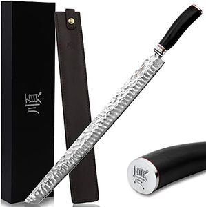 YOUSUNLONG Sakimaru Knife 15 inch(380mm) Ultimate Japanese Damascus Steel Fillet Knives Suitable for cutting tuna and salmon-Natural Ebony Handle With Leather Sheath