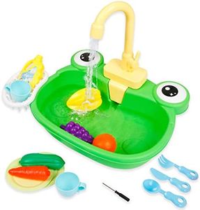 Ruibytree Play Kitchen Sink Toy, Water Toys for Kids with Electronic Dishwasher, Pretend Play Utensils Accessories and Play Cutting Food for Boys and Girls (Cute Frog)