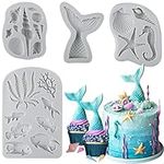 Sakolla Marine Theme Fondant Molds, 4 PCS Mermaid Tail Seashell Conch Starfish Baking Silicone Molds for Cake Decoration Chocolate Soap Resin Crafting…