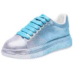 ANUFER Women's Fashion Thick Sole Sneakers Glitter Gradient Colors Rhinestones Lace-Up Casual Sports Shoes Blue SN070629 EU38