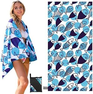 ZOOAOXO Toalla de Playa con Tiquetas UV, Toalla de Playa Grande, sin Arena, Material de Microfibra, Tamaño Adecuado (160 × 80 cm), Secado Rápido, Bolsa de Almacenamiento Incluida, Pescado Azul