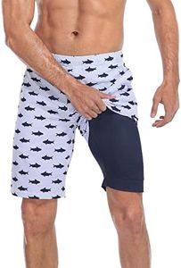 LRD Men's Swim Trunks with Compression Liner 9 Inch Inseam Quick Dry Board Short, Shark Stripe / Navy, XX-Large