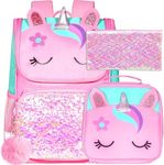 3PCS Girls Backpack, 15" Sequin Unicorn Bookbag with Lunch Box, Kids Preschool School bag for Elementary Students - Pink