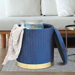 RIBAVARY® Round Velvet Luxurious Storage Ottoman,Vanity Stool Chair,Upholstered Foot Rest Stool with Gold Strip Base for Living Room or Bedroom (Blue, Medium- 36Dx36Wx40H)