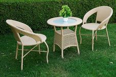 DEVOKO Outdoor 3 Piece Patio All Weather Beige HDPE Wicker Rattan Chair and Glass Top Table with Powder Coated Iron Frame for Garden, Balcony, Lawn, Porch