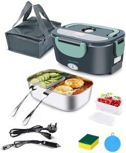 Dosevita Electric Lunch Box 80W Faster Heated Lunch Box Portable Food Warmer for Car Home with Removable 304 Stainless Steel Container Spoon & Fork and Carry Bag (Grey+Green)