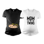 TheYaYaCafe Mothers Day Mom of Twins Women's Pregnancy Maternity T-Shirt Printed Set of -2 Combo XL Black White