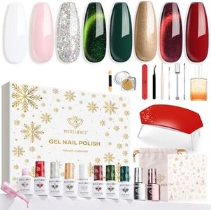 modelones Gel Nail Polish 8 colors Advent Calendar 12 Days, Red Burgundy Green Cat Eye Gold Silver White Xmas Sticker Chrome Powder, 8 Colors Gel Nail Kit with U V Light Limited Holiday Manicure Gift