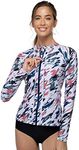 AXESEA Women Long Sleeve Rash Guard UPF 50+ UV Sun Protection Zip Front Swimsuit Shirt Printed Surfing Shirt Top White