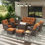 Aeeiua 10 Piece Patio Furniture Set with Fire Pit Table, All-Weather Wicker Outdoor Conversation Set with Swivel Rocking Chair and 6 Inch Thick Cushions