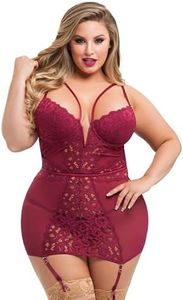 Lovehoney Lingerie Parisienne Chemise - Sheer & Mesh Lace Womens Nightwear - Adjustable Straps and Fastenings - Plus Size Womens Lingerie Sets - Size 26-28 - Red Wine