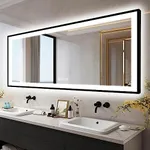 EchosLife 96x36 Large LED Bathroom Mirror with Lights - Black Aluminum(Front and Backlit),Anti-Fog Lighted Mirror for Wall,Stepless Dimmable Lighted Mirror,3 Colors Smart Mirror(Horizontal/Vertical)