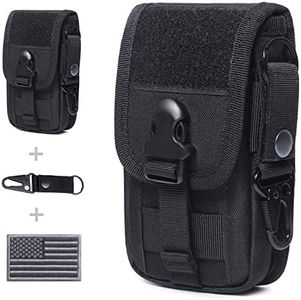 Tactical Molle Phone Pouch EDC Cellphone Holder Smartphone Organizer Bag with US Flag Patch & Molle Key Ring (Black)