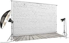 8'x8' White Brick Wall with Gray Wooden Floor Photography Backdrop Vinyl Background for Pictures D-2504