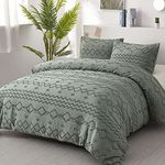 Green Tufted Comforter Set Queen Size (90×90 inches), Boho Shabby Chic Comforter Geometry Embroidery Bedding Set 3 Pieces (1 Comforter + 2 Pillowcases), Soft Microfiber Comforters for All Seasons