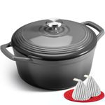 Overmont 26cm/5.2L Enamelled Cast Iron Round Casserole Pot With Lid Cookbook & Cotton Potholders - Non-stick Dutch Oven Cookware for Braising, Stews, Roasting, Bread Baking - Grey, 5.5QT