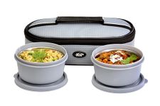 KOI Bitebox Set of 2 Horizontal Lunch Box: Leak Proof & Microwave Safe, 2 Inner Steel Containers (450ml), Insulated Fabric Bag for Full Meal, Easy to Carry (Grey)