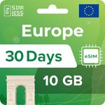 SIMLESS Europe eSIM Card| 30 Day Use | 10GB of 5G/4G speed Data| Data ONLY |Use in France, UK, Italy &37 EU Countries, QR Cord Easy Activation, Tethering, No Voice/SMS,for Europe Travel