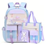 2Pcs Kawaii Bunny Primary Girls Backpacks Elementary School Bags Bookbags with Handbag, 2Pcs Blue-Large