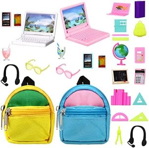 Charniol 29 Pieces Dollhouse Accessories Mini Laptop Computer Tablet Phone Toy Miniature Glasses Headset Backpack Drink Toys Plastic Doll Accessories for Dolls (Delicate Style)