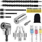 Flexible Drill Bit Extension and Universal Socket Wrench Tool Set, Hex Shank 105° Right Angle Drill Attachmen, 3pcs 1/4 3/8 1/2" Universal Socket Adapter Set and Screwdriver Bit Kit