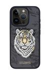 E-Sell Enterprise, Savanna Series Luxury Faux Leather with Stitched Embroidered Animal Face Design Back Slim Case Cover for “iPhone 15 Pro Max” (6.7" inch) (Tiger) Black