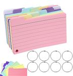 EGOSKY Tabbed Index Cards, 300PCS Coloured Flash Cards with 8 Binder Rings, Ruled Revision Cards Cue Flashcards for Learning Note Taking to Do List