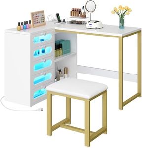 DWVO L Shape Nail Desk Set with Cushion Stool, Manicure Table with Drawers, RGB Lights, and USB Power Outlets, Nail Station for Home or Studio