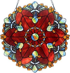Bieye W10041 Baroque Tiffany Style Stained Glass Window Panel with Chain, 18-inch Wide Round Shape, Red