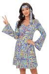 Clarisbelle Womens Halloween Hippie Dance Party Mini Dress Sparkle Groovy 70s 60s V Neck Cosplay Costume Purple XS