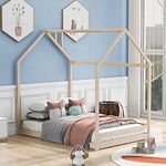 Full Size Wood House Bed, Wooden Bedframe with Roof for Kids, Teens, Boys or Girls, Natural