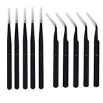 Johnson Tools Non Magnetic Stainless Steel Straight and Curved Tips Tweezers for Mobile, Gadget, Laptop and Jewelry Repair (Black) - Set of 10 Pieces