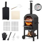 DORTALA Outdoor Wood Fired Pizza Oven With Thermometer, Stone, Peel, Cooking Grids, Waterproof Cover and Wheels - Stove for Barbecue, Picnic, Camping