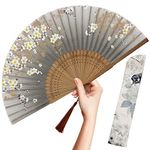 OMyTea Folding Hand Fan for Women - Foldable Chinese Japanese Vintage Bamboo Silk Fan - for Hot Flash, Church, EDM, Music Festival, Party, Dance, Performance, Decoration, Gift (Gray Sakura)