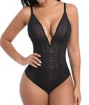 SHAPERIN Lace Shapewear Bodysuit Women Tummy Control Body Shaper Deep V Neck Bodysuit Jumpsuit Cami Tops Black M