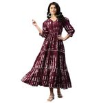 DEEBACO Tie & Dye Viscose Rayon Smocked Waist Tiered Maxi Dress for Women|Puff 3/4 Sleeves Maxi Length Fit & Flare Dress|Party Casual Wear Summer Ladies Dress (DBDRMR00001443_XXL_Wine)